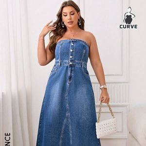 SHEIN Essnce Plus Button Front Tube Denim Dress